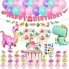 Girl Dinosaur Birthday Party Supplies, Pink Dinosaur Dino Party Decorations for Girls Baby - Banner, Cake, and Cupcake Toppers, Balloons