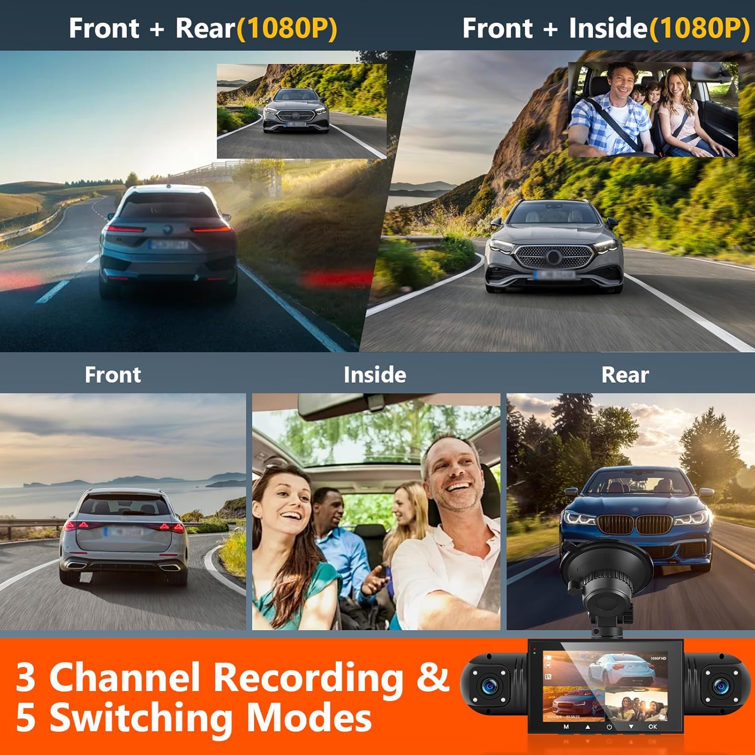 360° Dash Cam Front and Rear Inside,4 Channel 3" IPS Touchscreen Dash Cam Front and Rear Inside Left Right,4*1080P Dash Camera with 8 IR Night Vision,Loop Recording,G-Sensor,24 Hours Recording