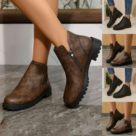 Miluxas Women's Ankle Boots, Classic Low Heeled Side Zipper Short Booties, Solid Color Temperament Casual Comfortable Boots Brown 9.5(43)
