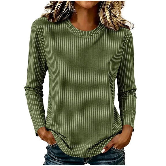 Shrysg Women's Long Sleeve T-Shirt Vertical Striped Crewneck Slim Fit Tops Soft Stretchy Basic Layering Tees Green