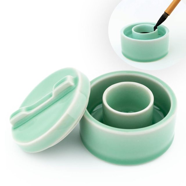 Tintero de cerámica verde con tapa, 10 ml, Qi Ming Wen Fang