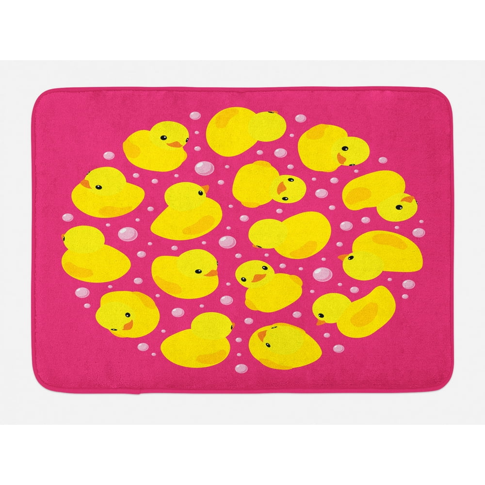 Rubber Duck Bath Mat, Fun Baby Duckies Circle Artsy Pattern Kids Bath