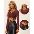 thumbnail image 2 of Blusa de fiesta para mujer de manga larga de malla transparente con lazo y brillo Rojo oscuro XS, 2 of 6