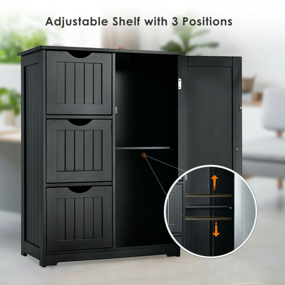 Finihen Storage Cabinet, Floor Cabinet, Bathroom Floor Cabinet Side Storage Cabinet with 3 Drawers and 1 Cupboard, for Bathroom, Living Room, Bedroom, Kitchen, Black
