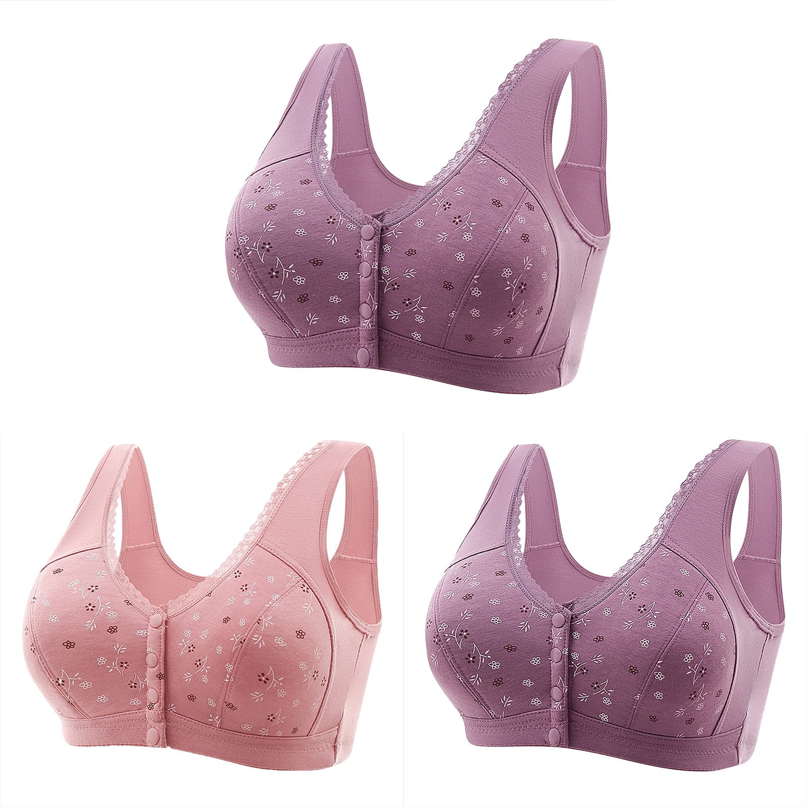 ylioge 3 Pack Front Closure Bras for Women Plus Size M-7X No Underwire Push Up Full-Coverage Underwear Comfort Multipack Support Bralettes