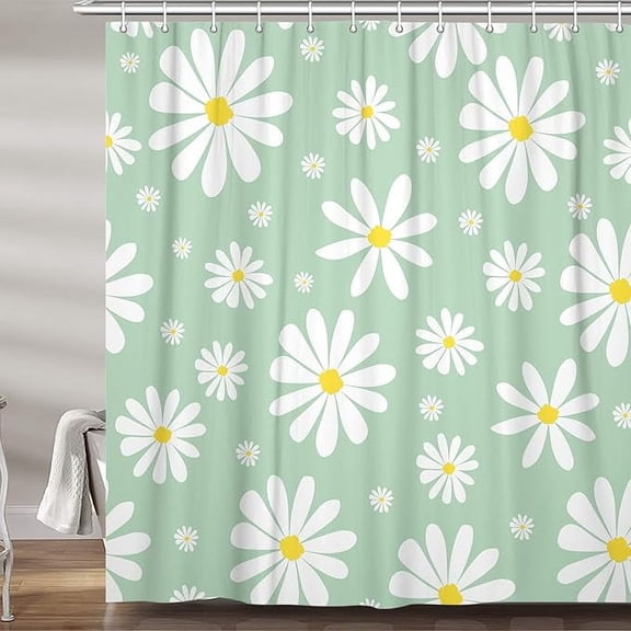 Green Daisy Floral Shower Curtain, Cute Boho White And Green Groovy Retro Flower Fabric Shower Curtains Set For Girls Bathroom Decorative 36"W x 72"L (Pack of 1)