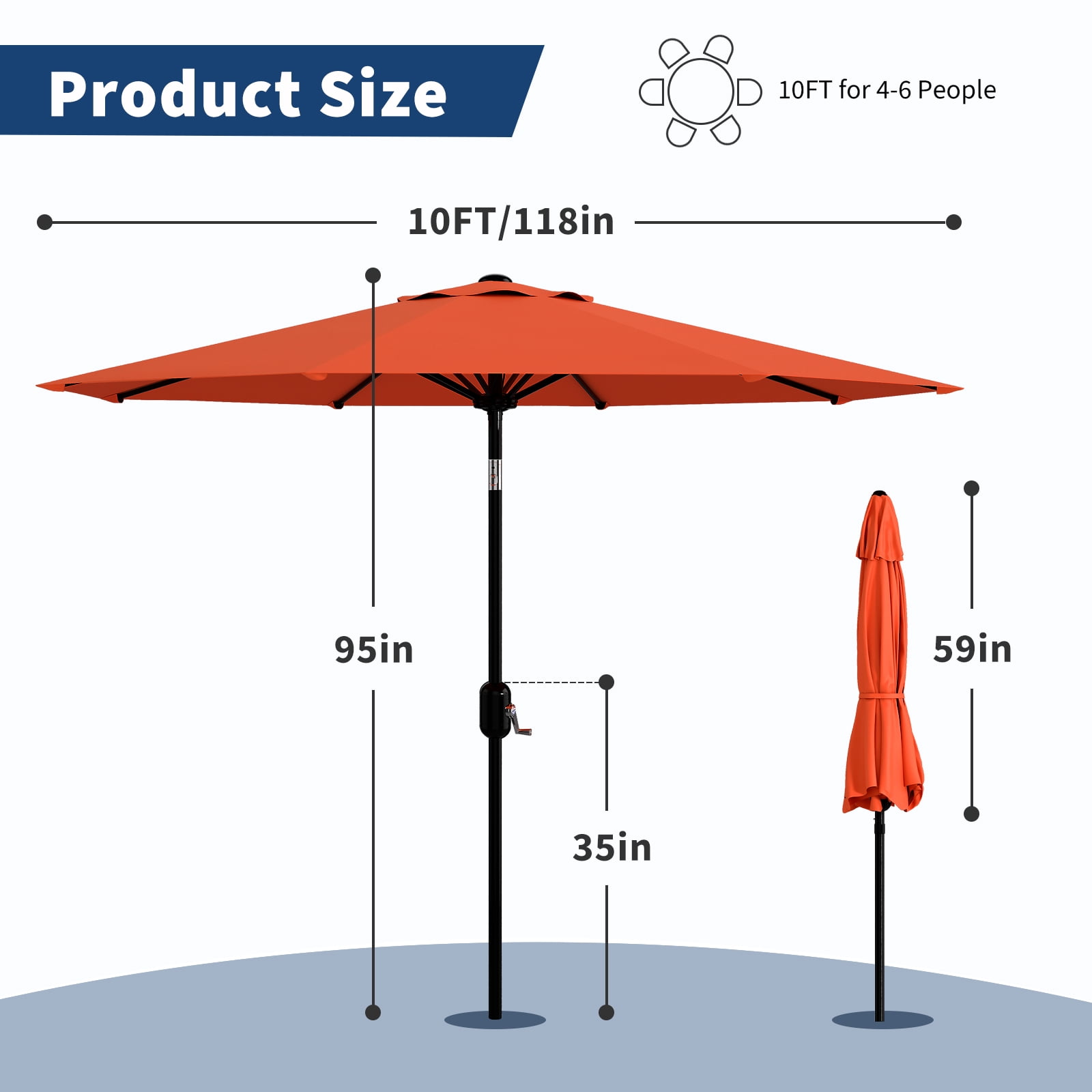 10FT Patio Umbrella Outdoor Market Sun Parasol – 8 Sturdy Ribs, 360° Adjustable Tilt & Crank, UV Protection, Waterproof, Table Shade for Deck, Pool, Garden, Camping