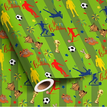 Altarho Soccer Wrapping PresNok Paper Roll for Kids Boys Girls - Green Soccer Grassy Area Sports Design Happy birthday Gift Wrap Sheets for Birthday Celebration Party Supplies Total 28.5sq.ft