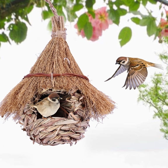 Humming Bird Houses for Outdoor Hanging, Grass Birds Hut,Hand Woven Hummingbird Nest,Wren Finch Bird House for Garden Window Outdoor Home