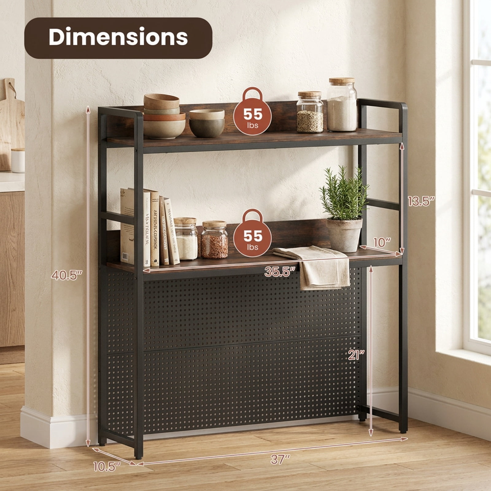 Furnibear Multipurpose 2-Tier Desktop Bookshelf with Pegboard for up to 32 Inch Computer Monitor for Living Room Home Office Bedroom, Rustic Brown