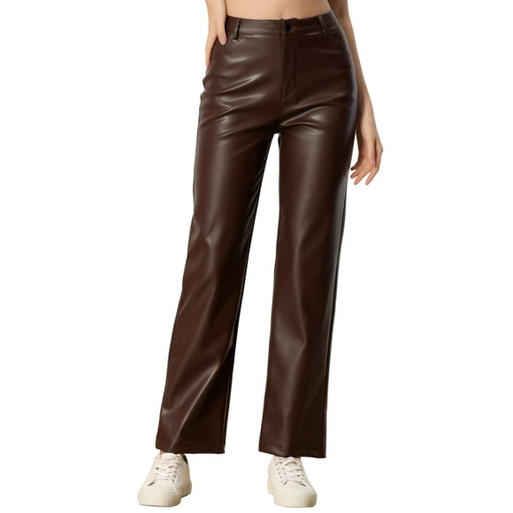 Pantalones de cuero sintético Daring Diva para mujer, de cintura alta, pierna recta, estilo punk, PU, talla XS, color marrón