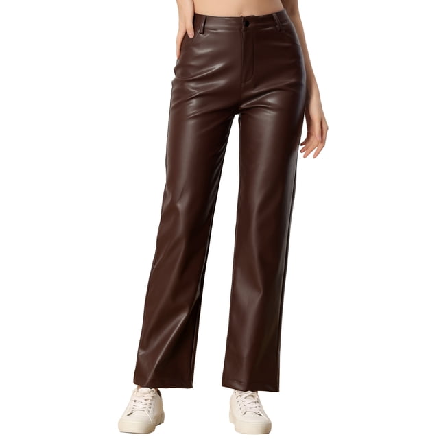 Pantalones de cuero sintético Daring Diva para mujer, de cintura alta, pierna recta, estilo punk, PU, talla XS, color marrón