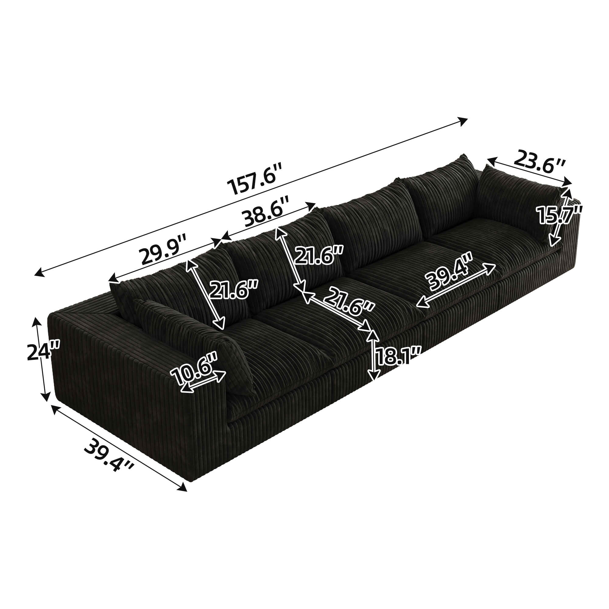 MAYEERTY 157.6" Cloud Corduroy Sofa, Deep Seat Double-Layer Design, Removable Cushion No Assembly, DIY Combination, Black
