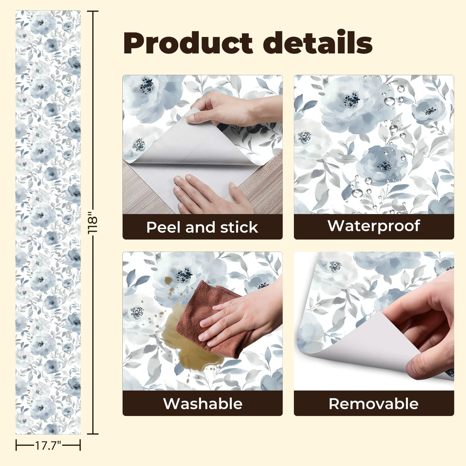 Boho Peel and Stick Wallpaper Vintage Blue Grey Floral Watercolor Leaves Contact Paper 17.7in x 9.8ft Wallpaper Removable Self Adhesive Wall Paper for Bedroom Nursery