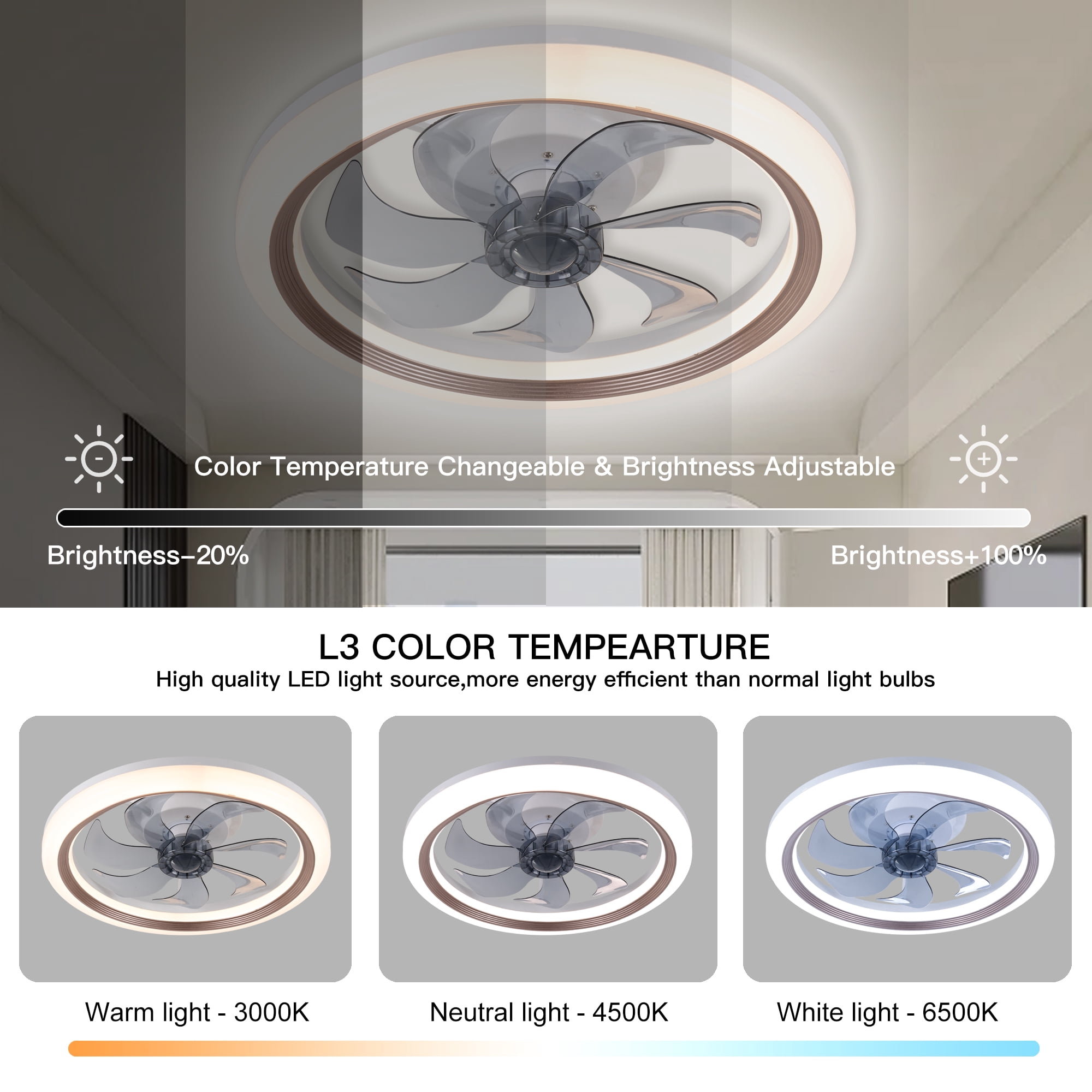 LISUNAR Ceiling Fans with Lights,20" Low Profile Ceiling Fan with Light,Dimmable LED Ceiling Fan,Modern Flush Mount Fan Light,App & Remote Control,Bladeless Ceiling Fans for Bedroom,Living Room-Brown