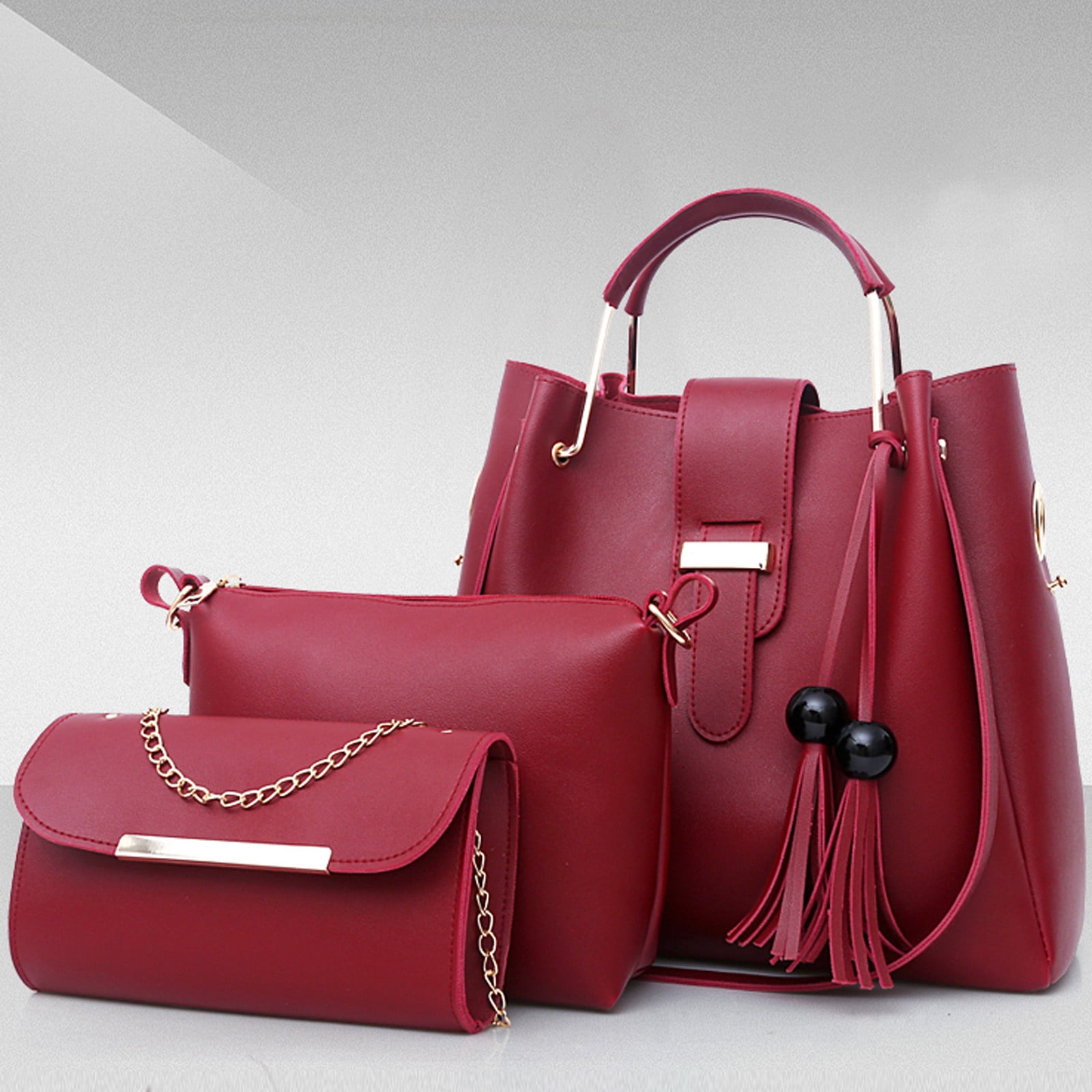 Foraging dimple Women's Solid Color Fashion Casual Bead Tassel Three Piece  Single Shoulder Bags 