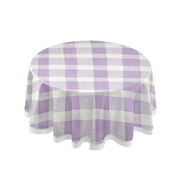 60" Round Tablecloth with White Lace Trim Wrinkle & Heat-Resistant Table Cover for Dining and Home Decor Light Purple Plaid