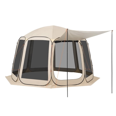 KFFKFF 12 x 11 ft Screen House Tent, Pop-Up Canopy for 10-12 People with Awning, Portable Shelter with Netting and Carry Bag, Ideal for Patio, Backyard, and Outdoor Events, Beige