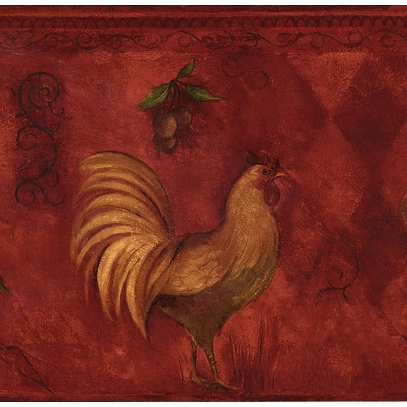 Concord Wallcoverings Wallpaper Border Country Pattern Rooster Grapes Pears Cherries for Kitchen Dining Room Cottage, Burgundy Green Brown, 15 Feet by 9 Inches TK78255
