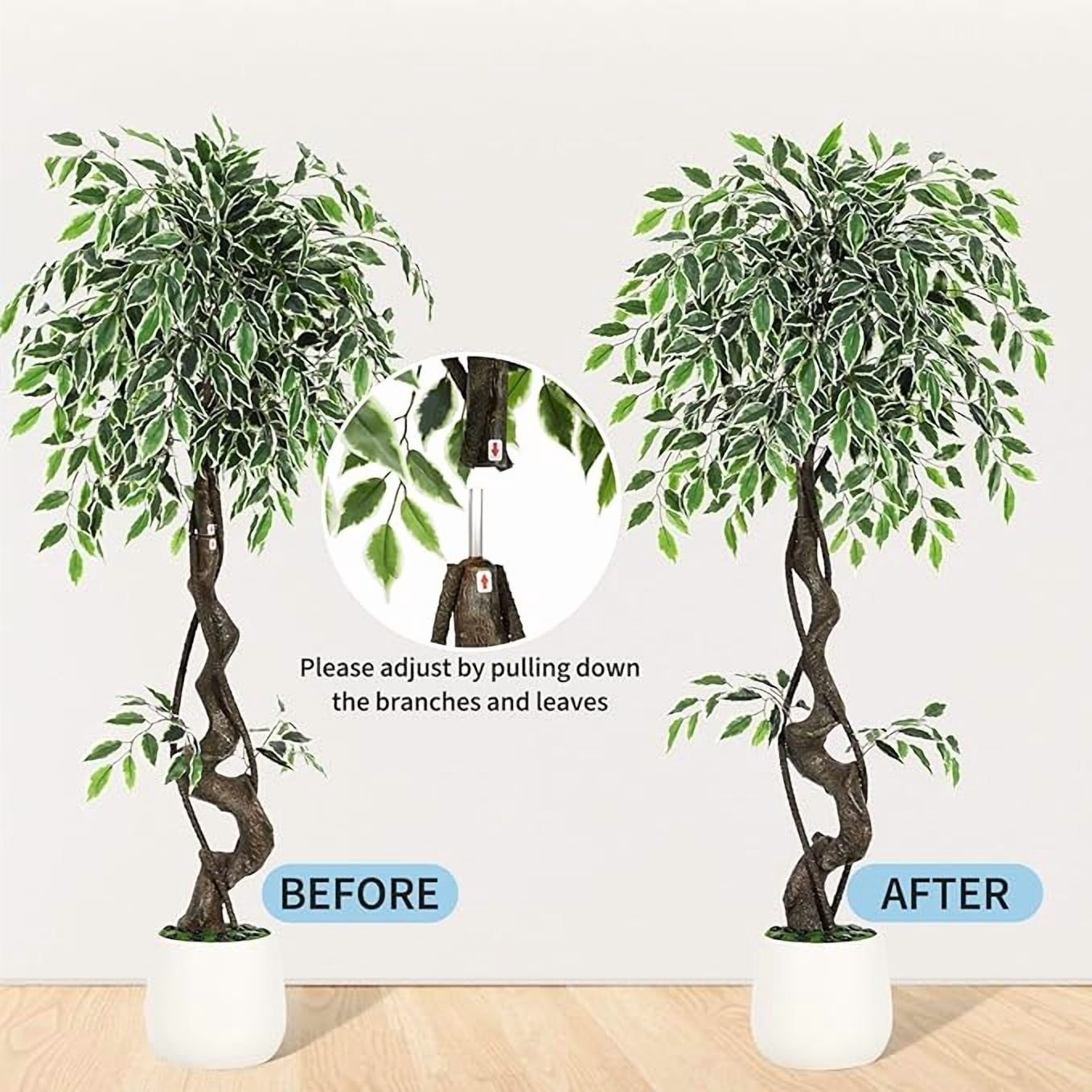 6FT Artificial Tree Ficus, Tall Faux Trees Indoor with Natural Trunk and Fake Silk Tree Fake Plants for Home Spring Decor Living Room Outdoor Balcony House Office (Included Dried Moss Pebbles)