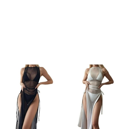 Wijhcboe 2 Pack Women Cover up Skirt Bikini Draped Front Drawstring Sheer Cover up Pants Knot Mesh Cover Up Without Lingerie Hight Split Fork Dress Beach Wrap Bikini Shiny Wraps Cover Ups For Kimono