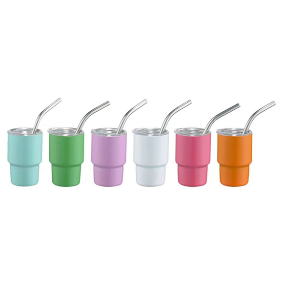 Mini Tumbler Shot Glass with Straw Sublimation Double Layer Metal Cute Shot Glasses Set 3oz with Lids