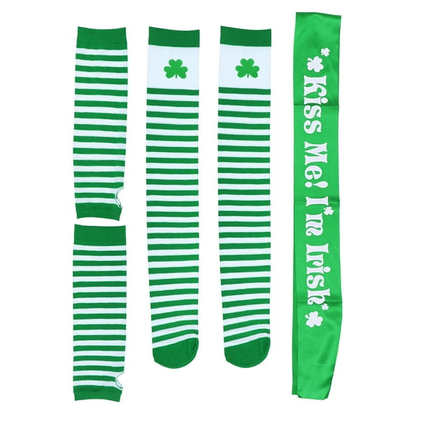 EeaseMX Accesorios para disfraces del Día de San Patricio, guantes largos, medias de trébol, banda "Bésame, soy" y decoraciones para el desfile del día.