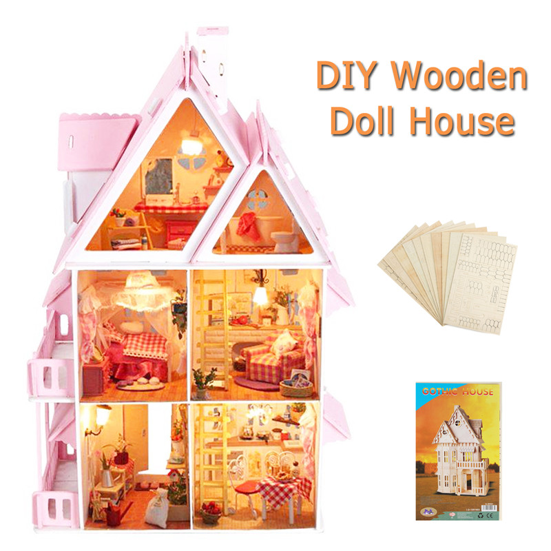 3D Wooden Miniature Dollhouse Furniture Kids DIY Doll House Model Princess Room