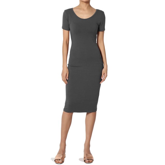 TheMogan Robe Midi Moulante en Jersey de Coton Extensible à Manches Courtes pour Femmes