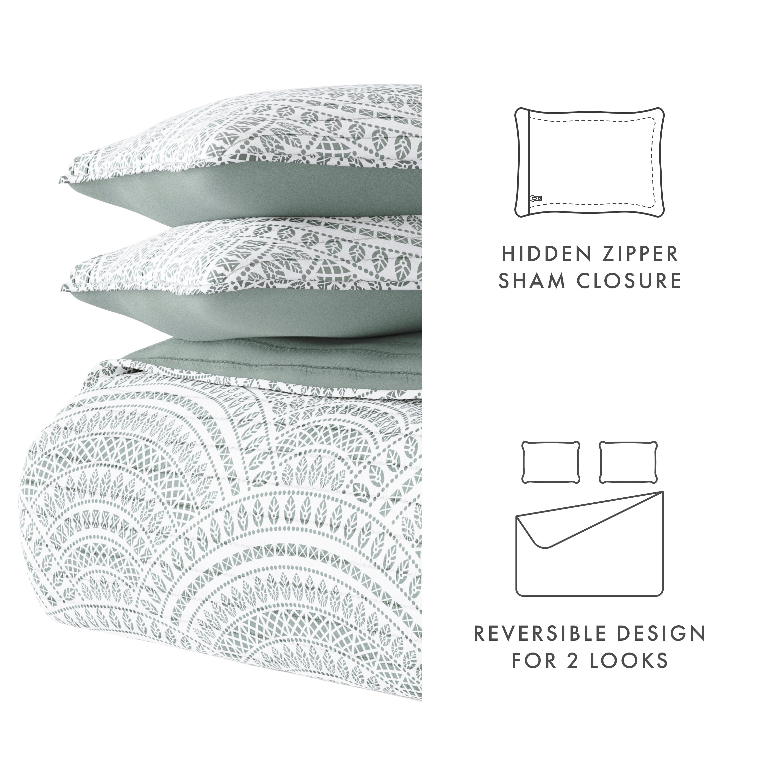 Noble Linens Eucalyptus 3 Piece Scallop Reversible Microfiber Quilt Set, King / CalKing