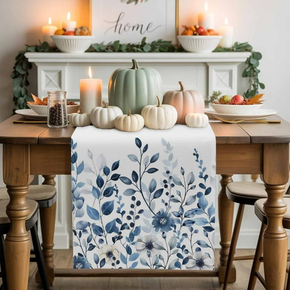 Blue Floral Table Runner, Autumn Thanksgiving Kitchen Dining Table Decoration for Home Party Decor 13x90 Inches