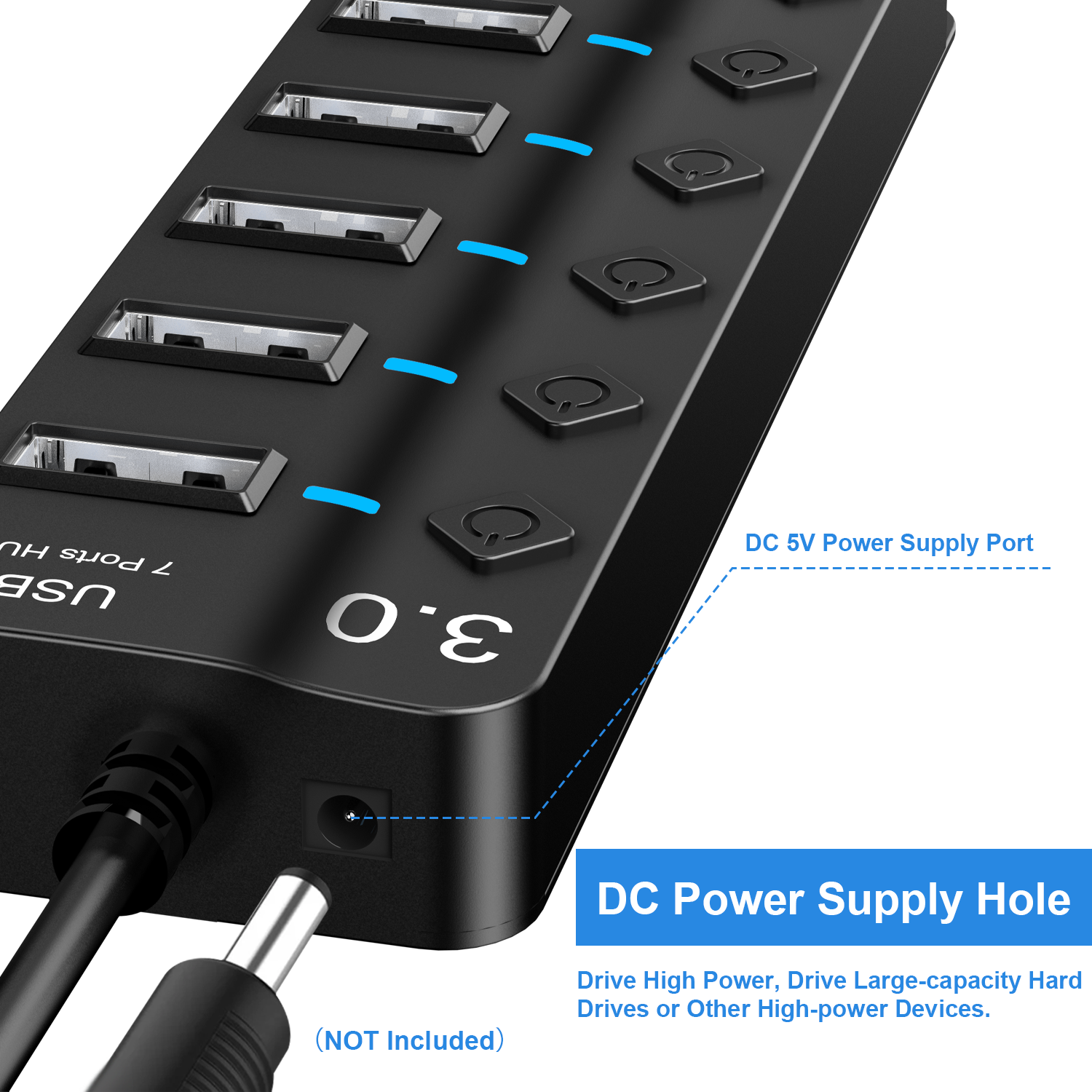 OWNTECH 7-Port USB 3.0 Hub with Power Adapter, Black photo 3