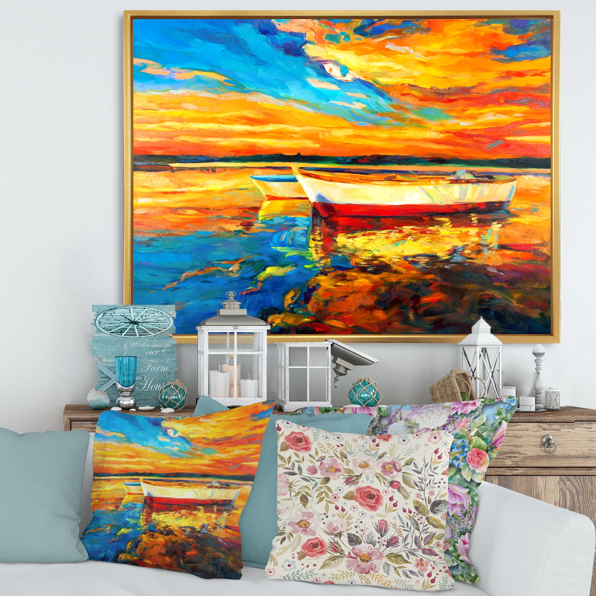 Red and White Boats By The Pier At A VIbrant Sunset 20 in x 12 in Framed Painting Canvas Art Print, by Designart