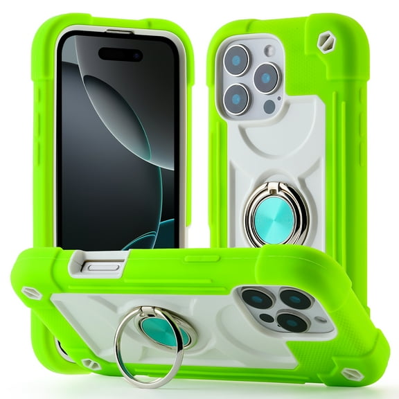 Dteck for iPhone 16 Pro Max Case with Double Ring Stand, Heavy Duty Silicone  PC Military Grade Shockproof Back Cover for iPhone 16 Pro Max,Green