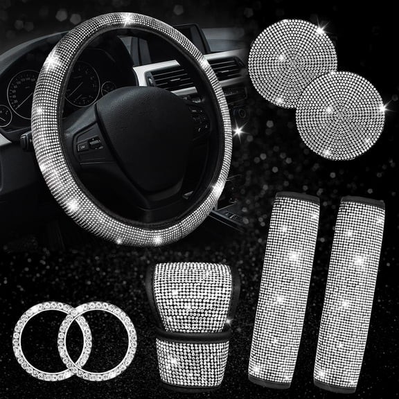 cyrico 8 Pcs Bling Car Accessories Set for Women, Bling Steering Wheel Cover, Sparkly Seat Belt Covers, Shiny Rhinestone Glitter Shift Knob Cover, Car Cup Holder Coaster, Push to Start Button Cover