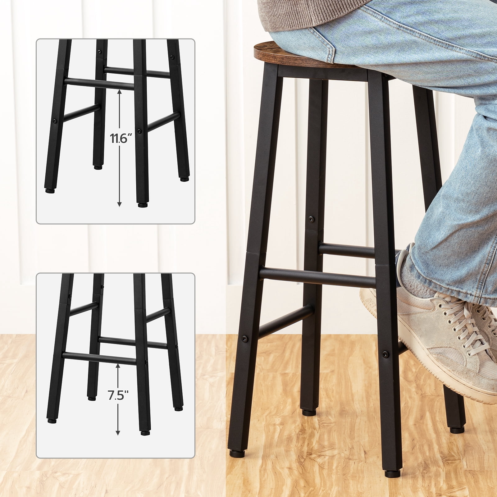 HOOBRO Bar Stools, Barstools Set of 2,Counter Height Barstools, 24.8" Bar Stools for Kitchen Island, Industrial Bar Chairs, for Dining Room, Kitchen, Bar, Rustic Brown and Black BF07BY01G1