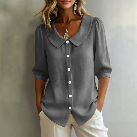 Dpjklzsn Women's Cotton Blend Short Puff-Sleeve Peter Pan Collar Button-Front Blouse