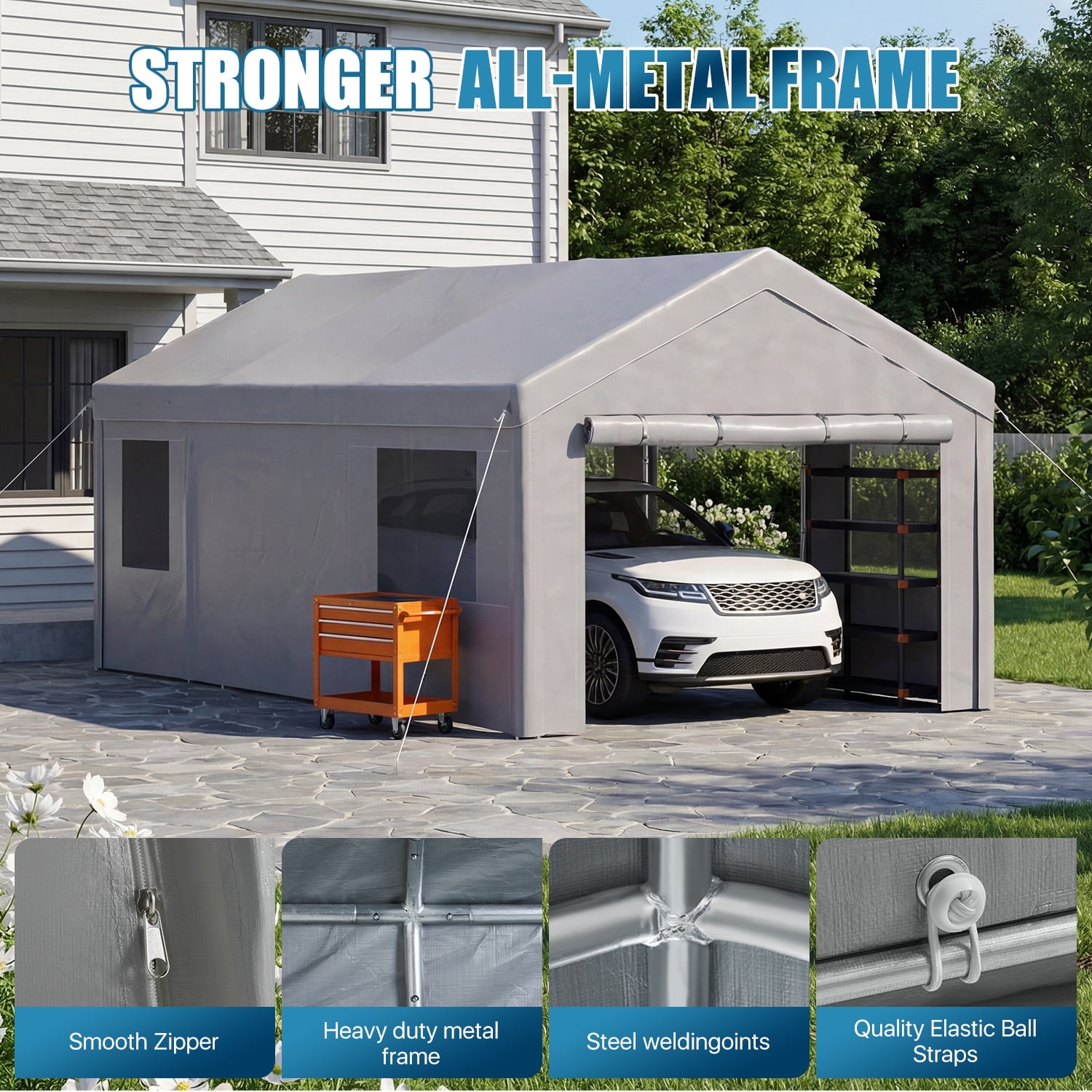 Dateyes  12x20ft Heavy Duty Carport Canopy, Portable Garage Car Canopy with Removable Sidewalls, Car Shelter for Cars, Boats, and Tools Storage, Gray