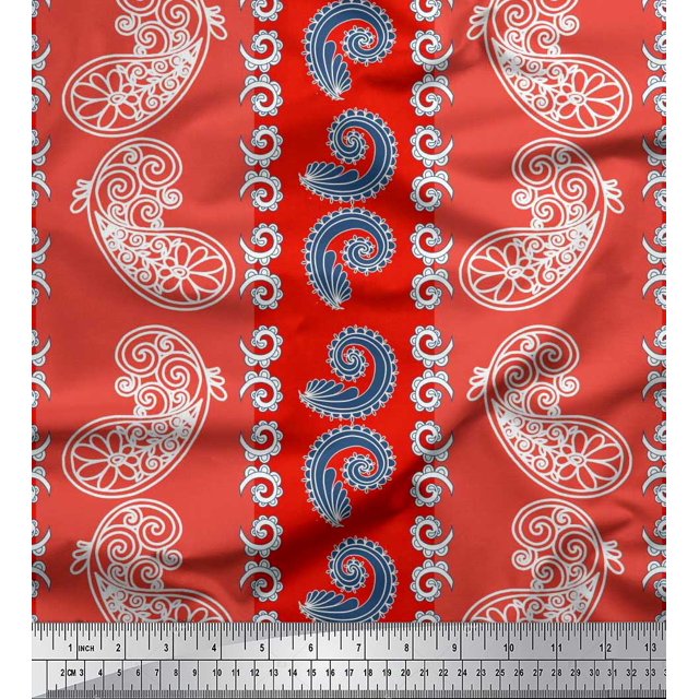Soimoi Red polyester Crepe Fabric Stripe & Paisley Print Sewing Fabric Yard 52 Inch Wide