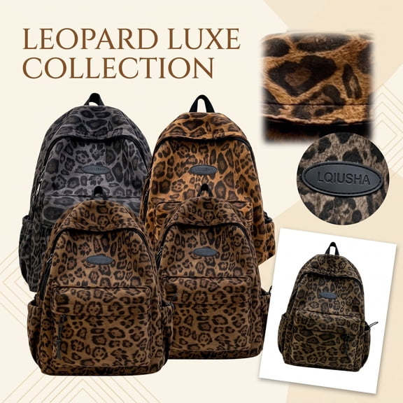 Leopard Print Backpack for Women, Lightweight Nylon Water Resistant Daypack, Cute Animal Print Bookbag for Travel College Work, Black Fashion Shoulder Bag with Side Pockets