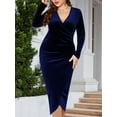 thumbnail image 5 of Womens Plus Size Long Sleeve Velvet Bodycon Dresses Elegant Ruched Wrap Deep V Neck Party Cocktail Dress Blue XXL, 5 of 9