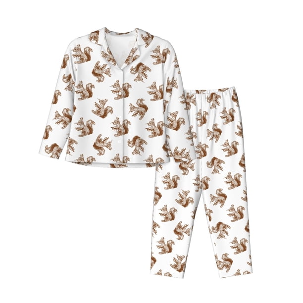 Balery Retro Squirrel Conjunto de Pijama con Estampado para Mujer, Conjunto de Dos Piezas con Manga Larga, Ropa de Dormir Suave con Bolsillos, Pijamas Cómodos-Medium