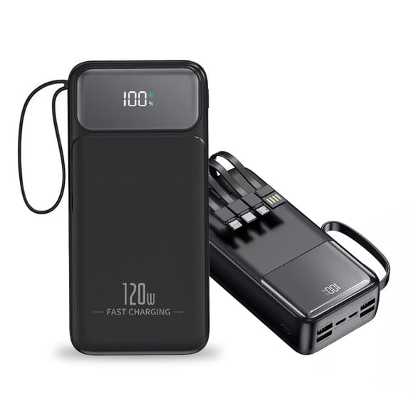 Power Bank Pila Batería Recargable Kimhi Carga Super Rapida 60,000mah Pd20w Portatil Color Negro Con 4 Cables Y 4 Puertos Usb Cargador Para Celular Tablet Banco De Energia Pantalla Led