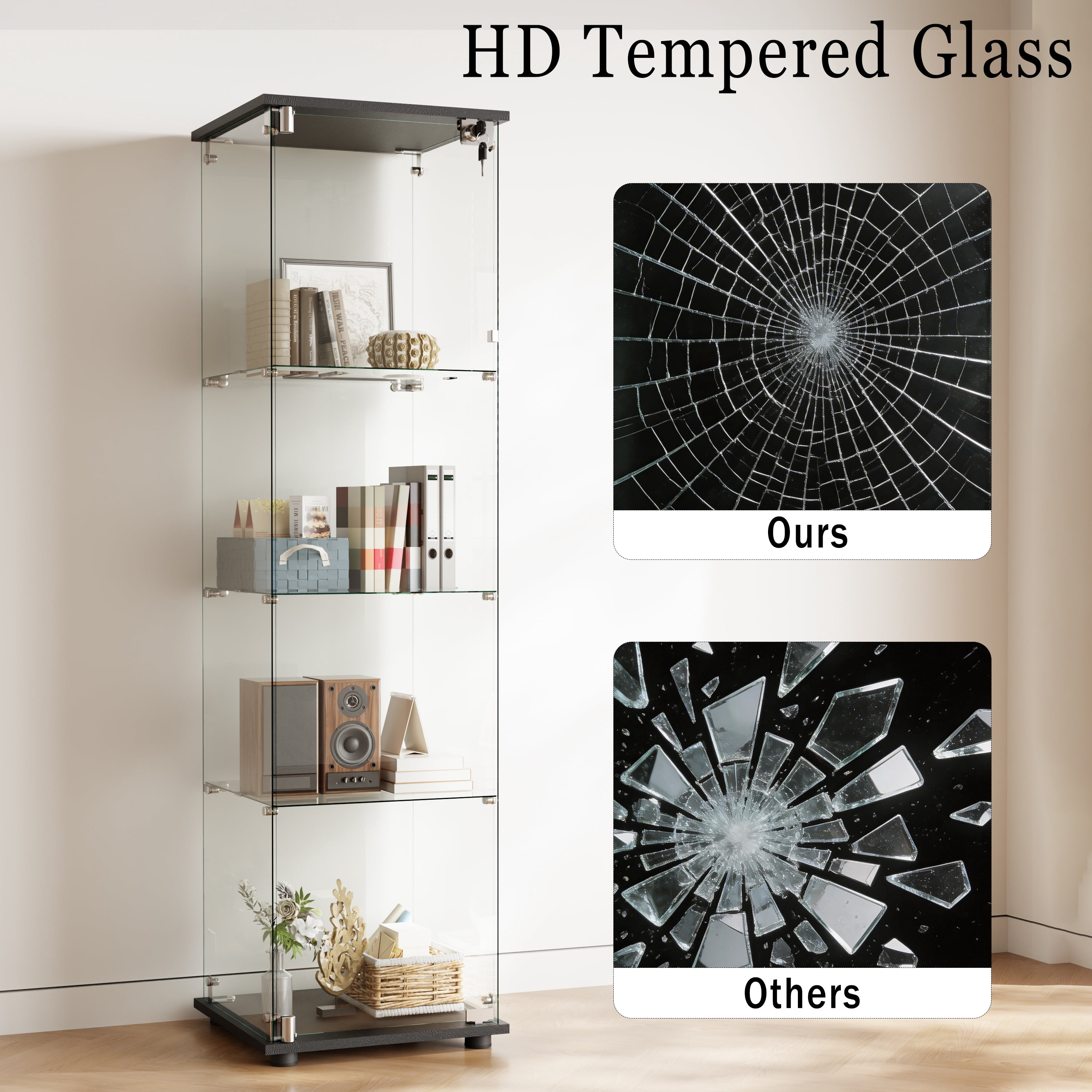 BEAUTYPEAK 64" Display Cabinet with Glass Doors,4-Tier Single-Door Curio Cases with Black Panels