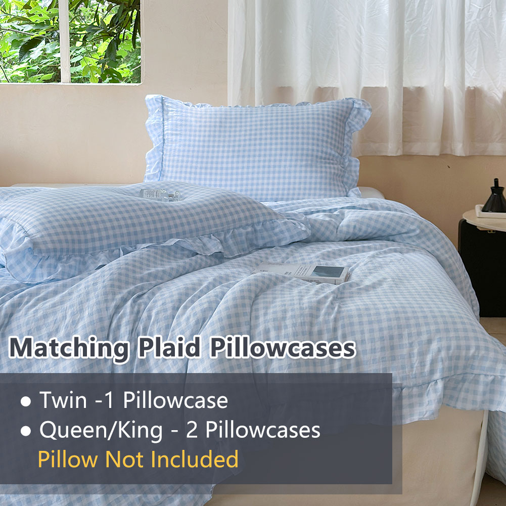 Light Blue Gingham Ruffle Queen Comforter Set, Blue Ruffled Plaid Bedding Set, Ruffled Checked Bed Comforter 3 Pieces(Light Blue Gingham, Queen)