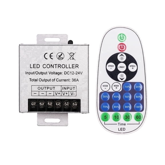 Single Color LED Strip Dimmer Switch, DC12-24V 36A 360W with 23 Key IR Remote Controller Adjustable Brightness