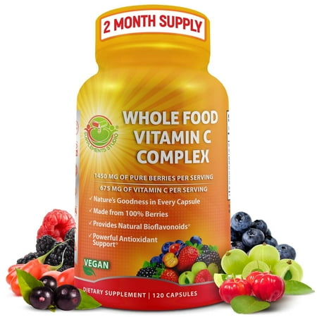 Whole Food Vitamin C Complex - 1450mg Organic Berries - 675 mg Vitamin C per Serving, High-Potency Antioxidant & Immune Support with Acerola, Amla and Natural Bioflavonoids - Vegan, Non-GMO, 120 Ct