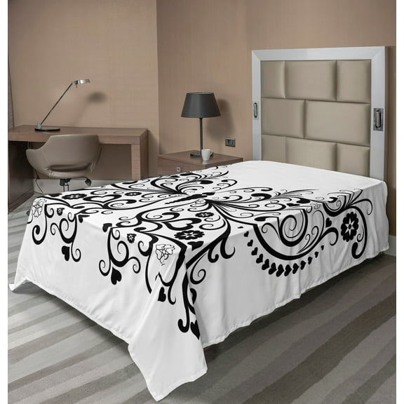 Ambesonne Animal Flat Sheet, Swirled Wing with Flower, Twin Size, White and Black