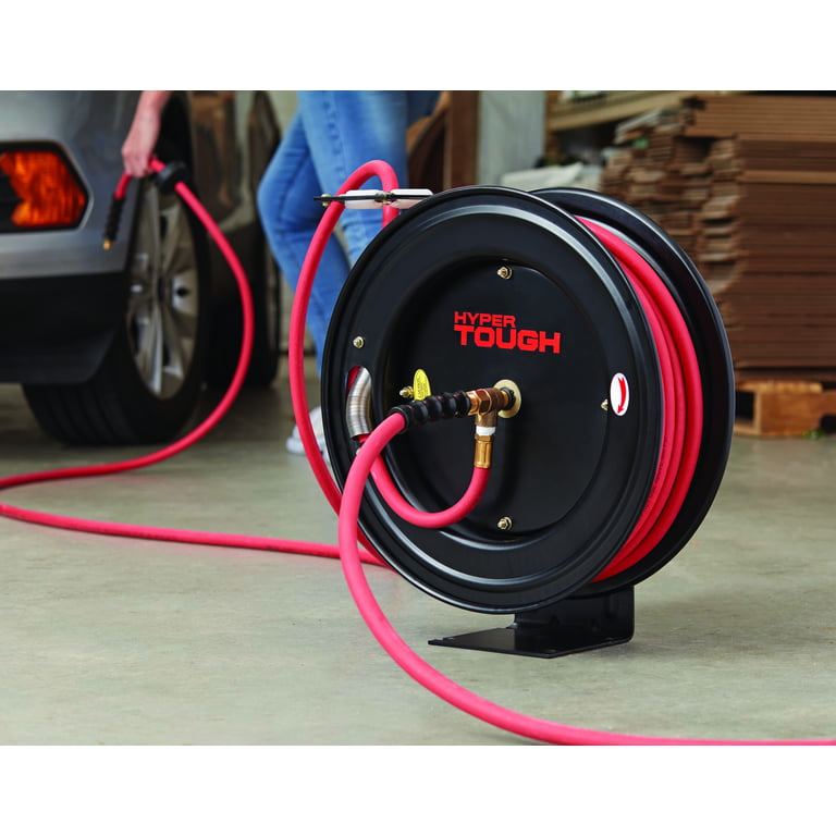 Hyper Tough Heavy Duty Steel Hose Reel with 3/8in x 50ft Rubber Air Hose