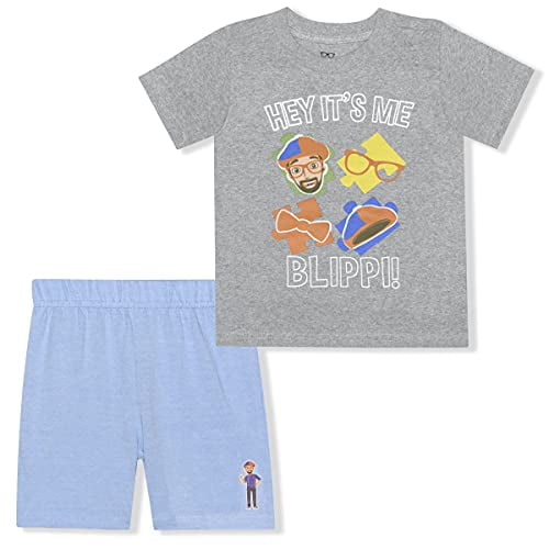 Blippi Boy s 2 Pack Short Sleeve Tee Shirt and Jersey Shorts Set, Gray and Blue, Size 2T